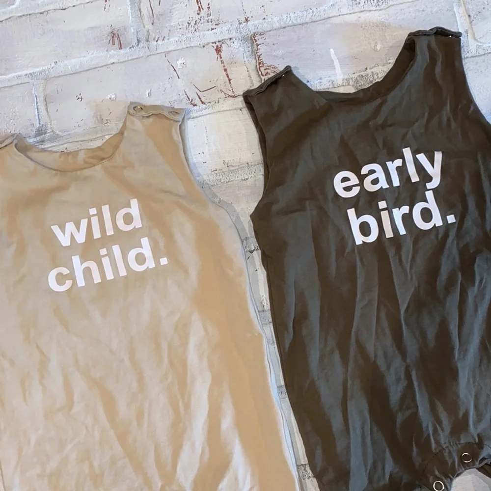 Wild Child & Early Bird 6m neutral rompers matching twin set